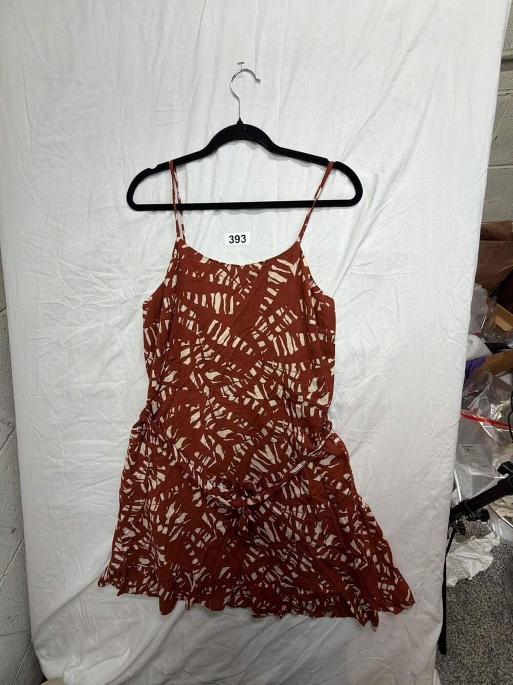 Nine West Women's Rust Brown Abstract Print Spaghetti Strap Tie Waist Dress